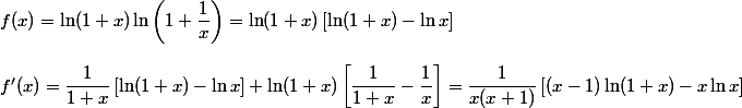 f(x) = \ln(1 + x) \ln \left(1 + \dfrac 1 x \right) = \ln(1 + x) \left[ \ln (1 + x) - \ln x \right] \\  \\ f'(x) = \dfrac 1 {1 + x} \left[ \ln(1 + x) - \ln x \right] + \ln(1 + x) \left[ \dfrac 1 {1 + x} - \dfrac 1 x \right] = \dfrac 1 {x(x + 1)} \left[(x - 1) \ln(1 + x) - x\ln x \right]